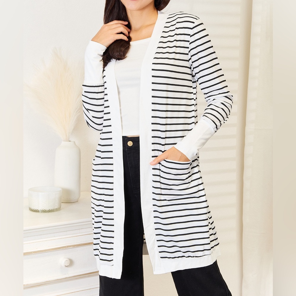 NEW Double Take Preppy Striped Open Front Longline Cardigan Sweater